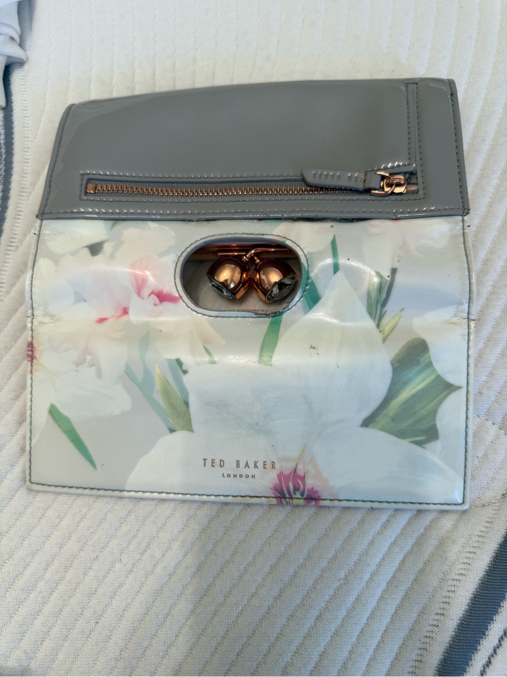 Ted Baker Grey Patent Floral Clutch with Rose Gold Hardware